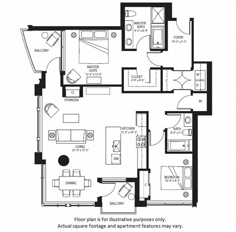Floor plan for 2 beds, 2 baths, 1335 sqft